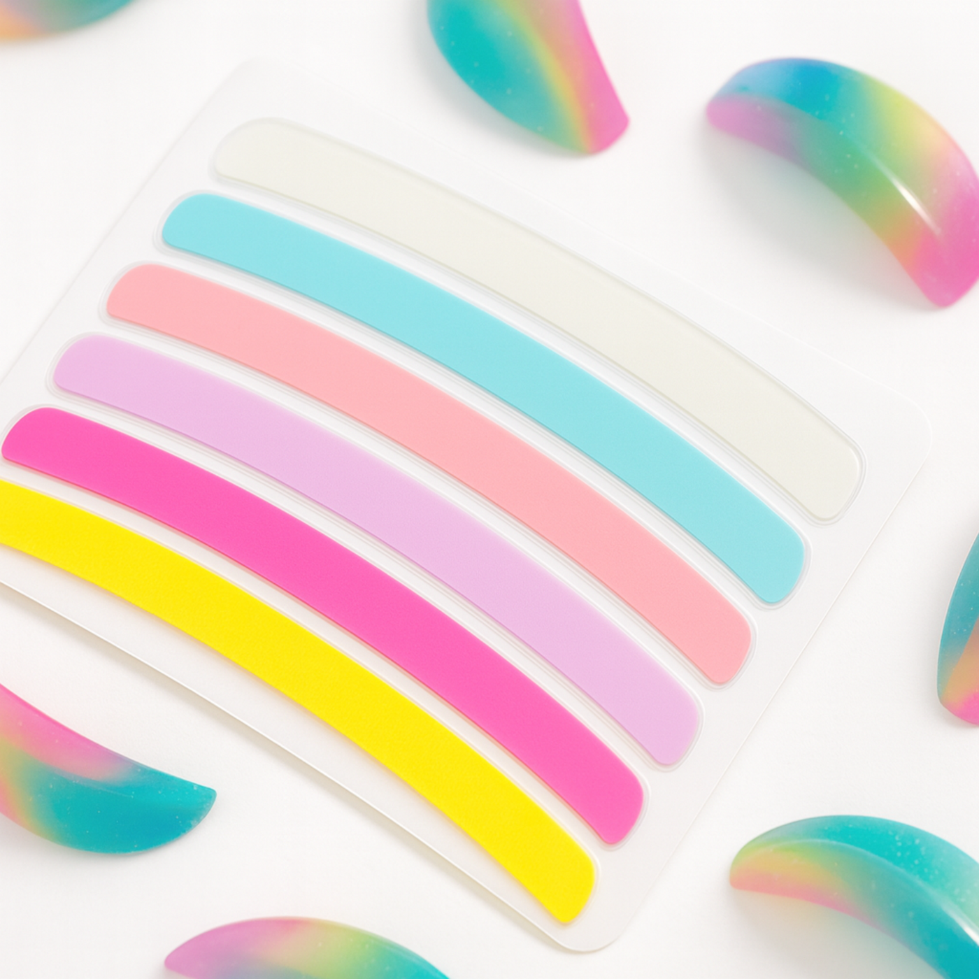 Colorful rainbow lash lifting shields and ribbon on a white background