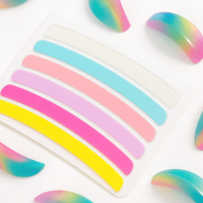Colorful rainbow lash lifting shields and ribbon on a white background